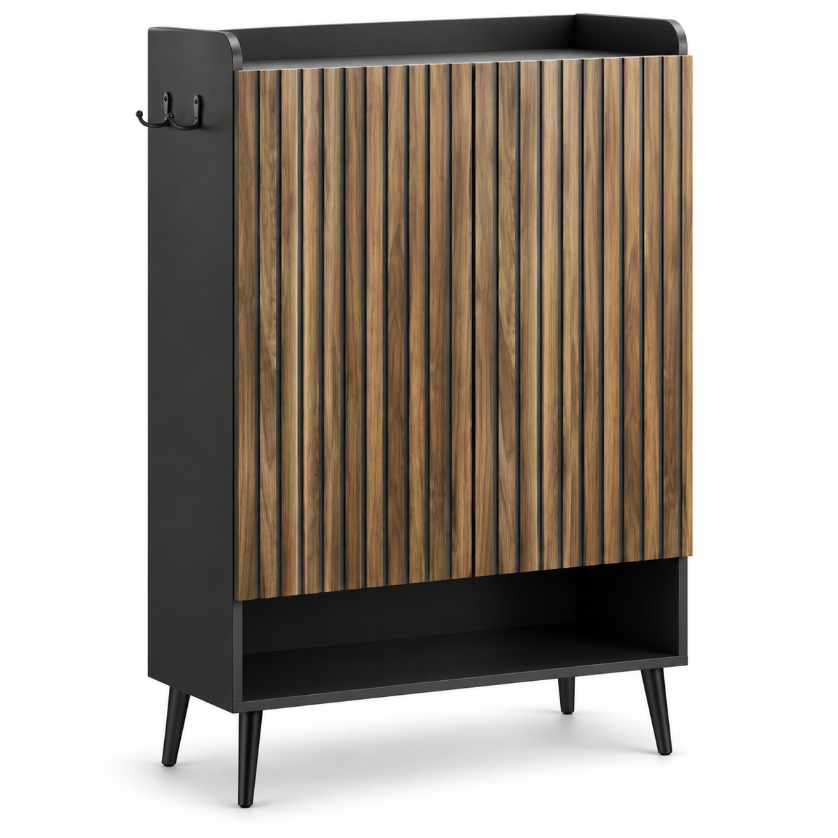 Schoenenkast – Schoenenopbergkast met 2 Deuren – Verstelbare Planken – Zijhaken – Houtlook Lattenfront – Zwart/Walnoot – 74,7 x 37,1 x 110 cm