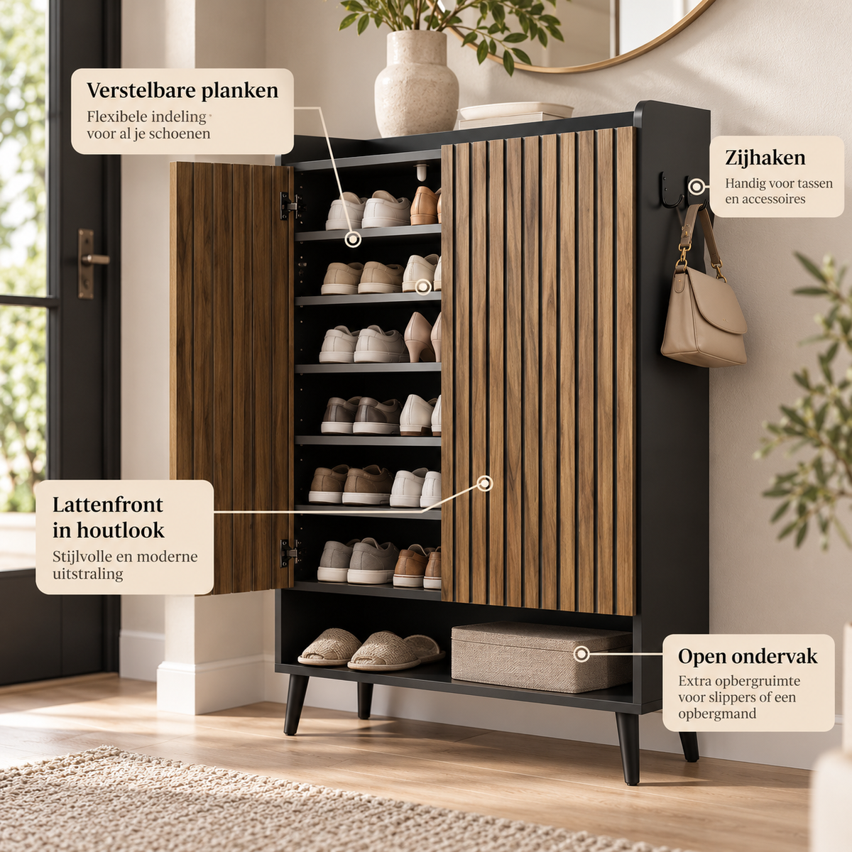Schoenenkast – Schoenenopbergkast met 2 Deuren – Verstelbare Planken – Zijhaken – Houtlook Lattenfront – Zwart/Walnoot – 74,7 x 37,1 x 110 cm