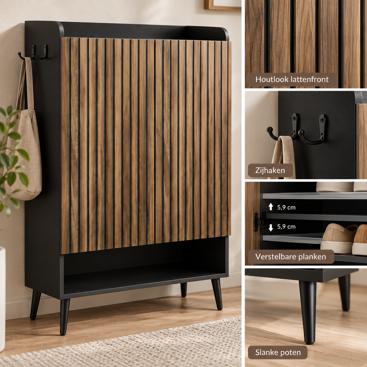 Schoenenkast – Schoenenopbergkast met 2 Deuren – Verstelbare Planken – Zijhaken – Houtlook Lattenfront – Zwart/Walnoot – 74,7 x 37,1 x 110 cm