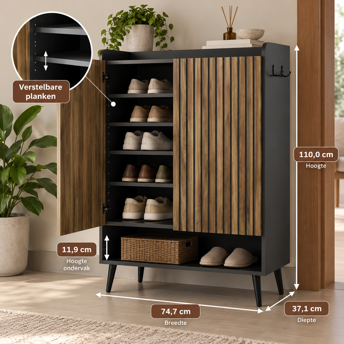 Schoenenkast – Schoenenopbergkast met 2 Deuren – Verstelbare Planken – Zijhaken – Houtlook Lattenfront – Zwart/Walnoot – 74,7 x 37,1 x 110 cm