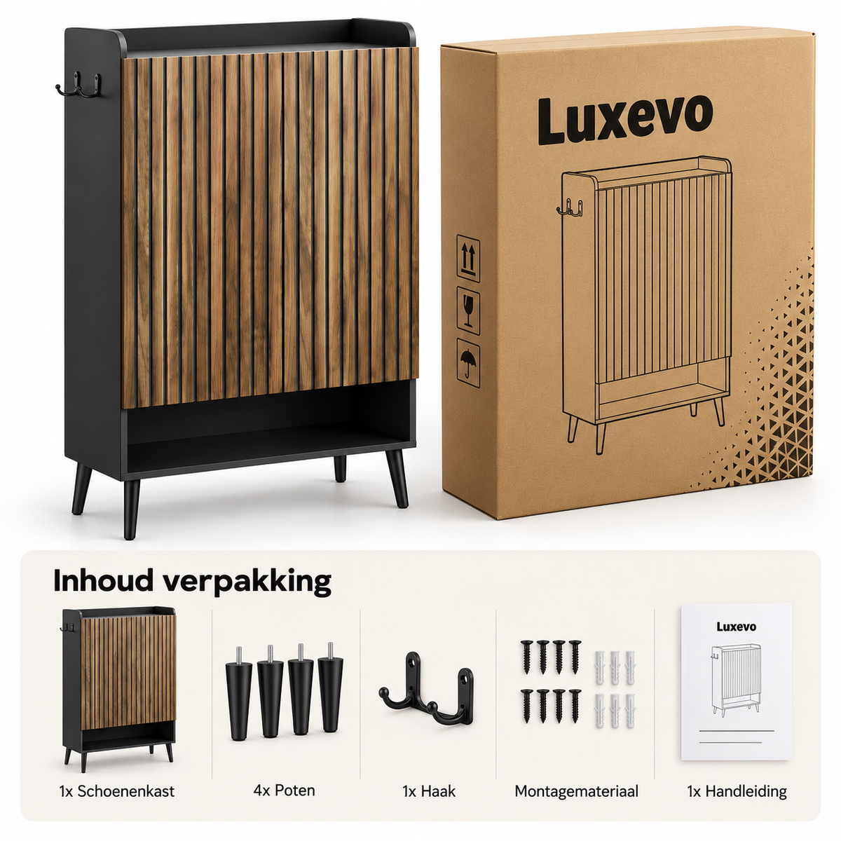 Schoenenkast – Schoenenopbergkast met 2 Deuren – Verstelbare Planken – Zijhaken – Houtlook Lattenfront – Zwart/Walnoot – 74,7 x 37,1 x 110 cm