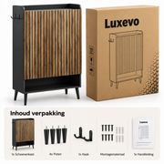 Schoenenkast – Schoenenopbergkast met 2 Deuren – Verstelbare Planken – Zijhaken – Houtlook Lattenfront – Zwart/Walnoot – 74,7 x 37,1 x 110 cm