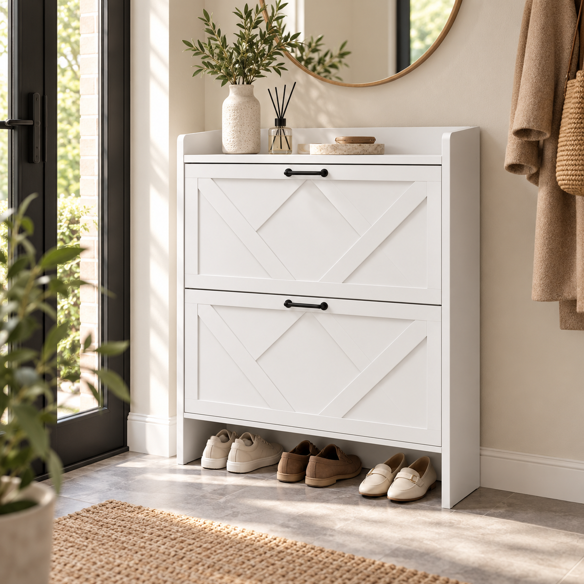 Schoenenkast – Schoenenopbergkast met 2 Klepvakken – Verstelbare Vakken – Smalle Schoenenkast – Wit – 80 x 23,6 x 102,1 cm