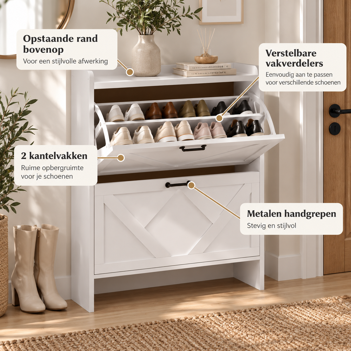Schoenenkast – Schoenenopbergkast met 2 Klepvakken – Verstelbare Vakken – Smalle Schoenenkast – Wit – 80 x 23,6 x 102,1 cm