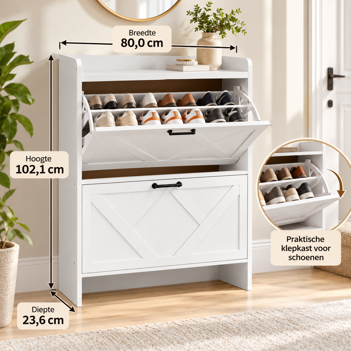 Schoenenkast – Schoenenopbergkast met 2 Klepvakken – Verstelbare Vakken – Smalle Schoenenkast – Wit – 80 x 23,6 x 102,1 cm