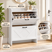 Schoenenkast – Schoenenopbergkast met 2 Klepvakken – Verstelbare Vakken – Smalle Schoenenkast – Wit – 80 x 23,6 x 102,1 cm