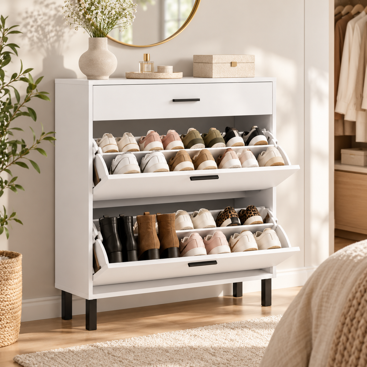 Schoenenkast met 2 Klepvakken en Lade – Smalle Schoenenopbergkast – Verstelbare Vakken – Wit – 80 x 24,9 x 109,2 cm