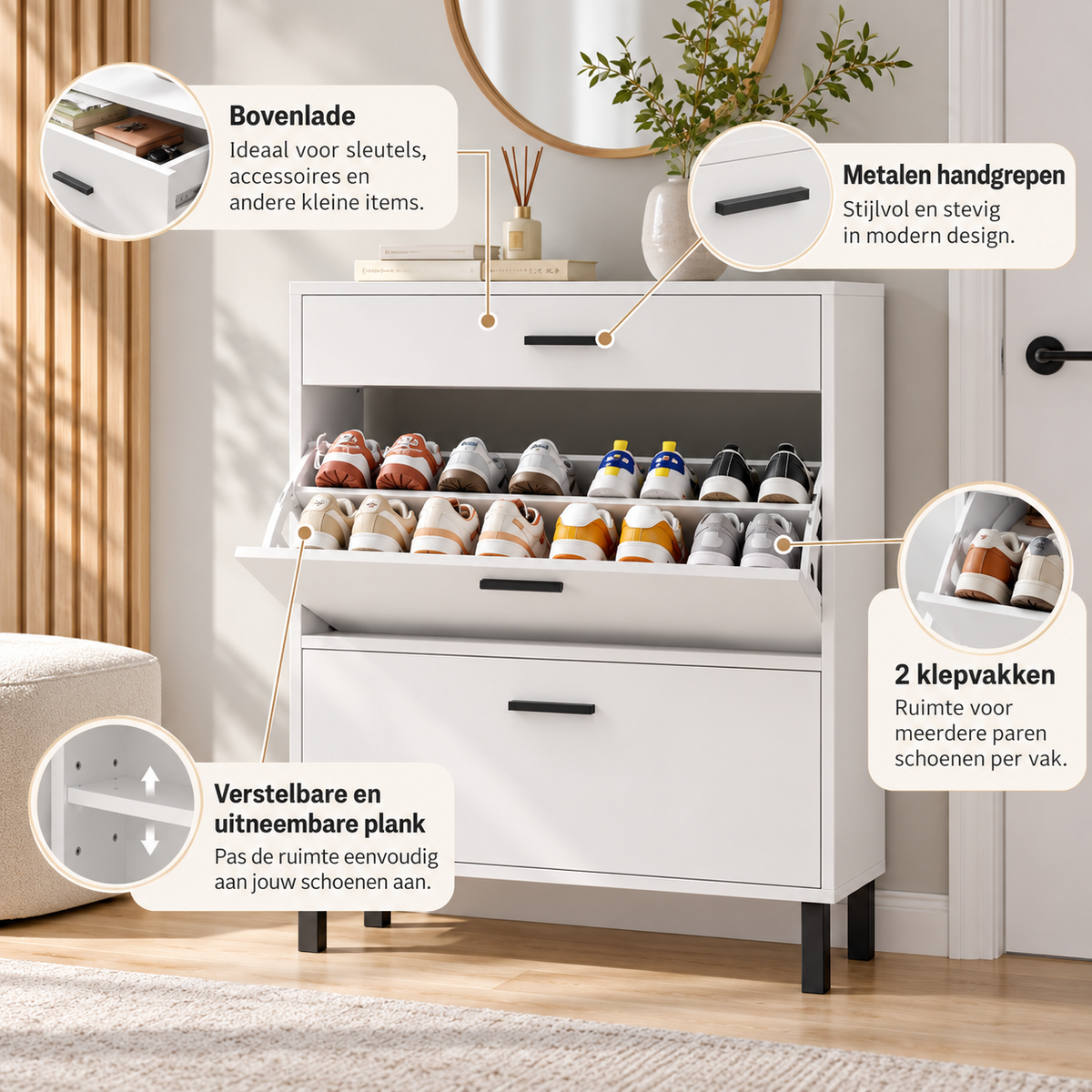 Schoenenkast met 2 Klepvakken en Lade – Smalle Schoenenopbergkast – Verstelbare Vakken – Wit – 80 x 24,9 x 109,2 cm