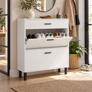 Schoenenkast met 2 Klepvakken en Lade – Smalle Schoenenopbergkast – Verstelbare Vakken – Wit – 80 x 24,9 x 109,2 cm