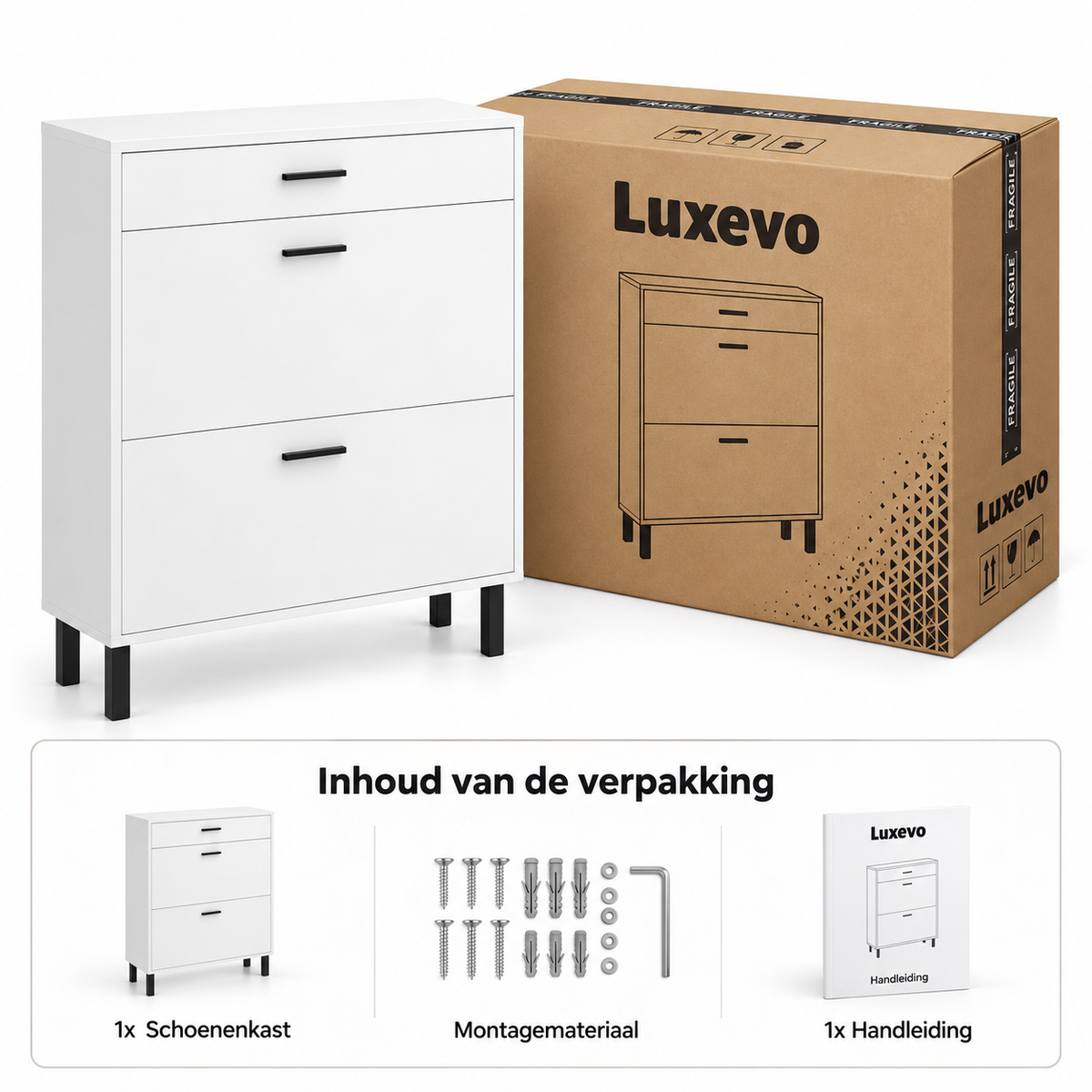 Schoenenkast met 2 Klepvakken en Lade – Smalle Schoenenopbergkast – Verstelbare Vakken – Wit – 80 x 24,9 x 109,2 cm