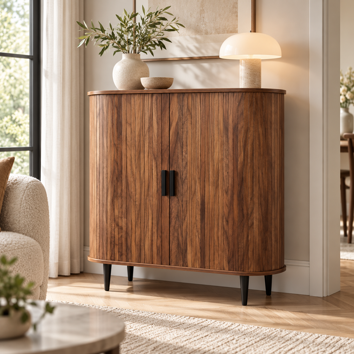Dressoir met Rolluikdeuren – Opbergkast met Verstelbare Planken & 4 Haken – 85 x 40 x 93 cm – Walnoot Houtlook – Bruin/Zwart