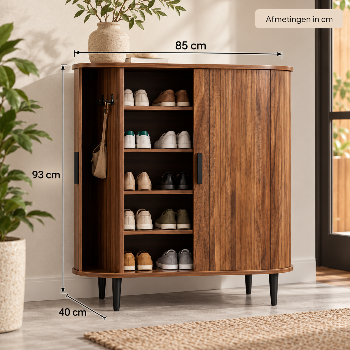 Dressoir met Rolluikdeuren – Opbergkast met Verstelbare Planken & 4 Haken – 85 x 40 x 93 cm – Walnoot Houtlook – Bruin/Zwart