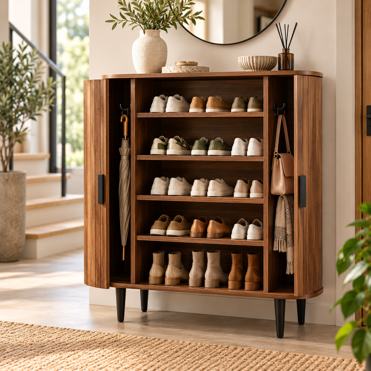 Dressoir met Rolluikdeuren – Opbergkast met Verstelbare Planken & 4 Haken – 85 x 40 x 93 cm – Walnoot Houtlook – Bruin/Zwart
