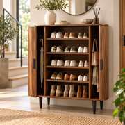 Dressoir met Rolluikdeuren – Opbergkast met Verstelbare Planken & 4 Haken – 85 x 40 x 93 cm – Walnoot Houtlook – Bruin/Zwart