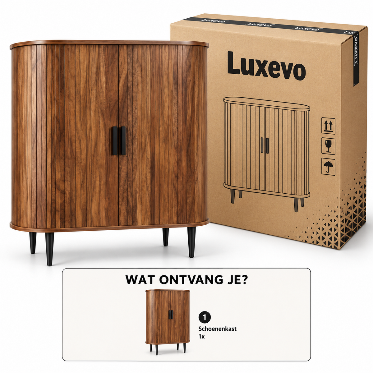 Dressoir met Rolluikdeuren – Opbergkast met Verstelbare Planken & 4 Haken – 85 x 40 x 93 cm – Walnoot Houtlook – Bruin/Zwart