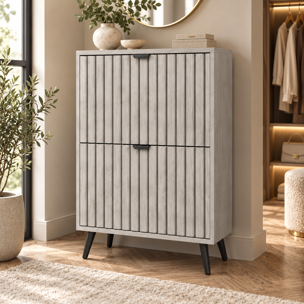 Schoenenkast – 2 Kantelvakken – 6-12 Paar Schoenen – 60 x 24 x 94 cm – Smalle Schoenenopbergkast – Verstelbare Vakken – Grijs