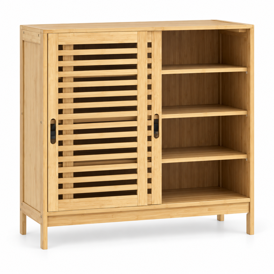 Bamboe Schoenenkast – 16 Paar Schoenen – 2 Schuifdeuren – 4 Niveaus – Verstelbare Planken – 80 x 35 x 80 cm – Naturel