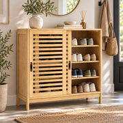 Bamboe Schoenenkast – 16 Paar Schoenen – 2 Schuifdeuren – 4 Niveaus – Verstelbare Planken – 80 x 35 x 80 cm – Naturel