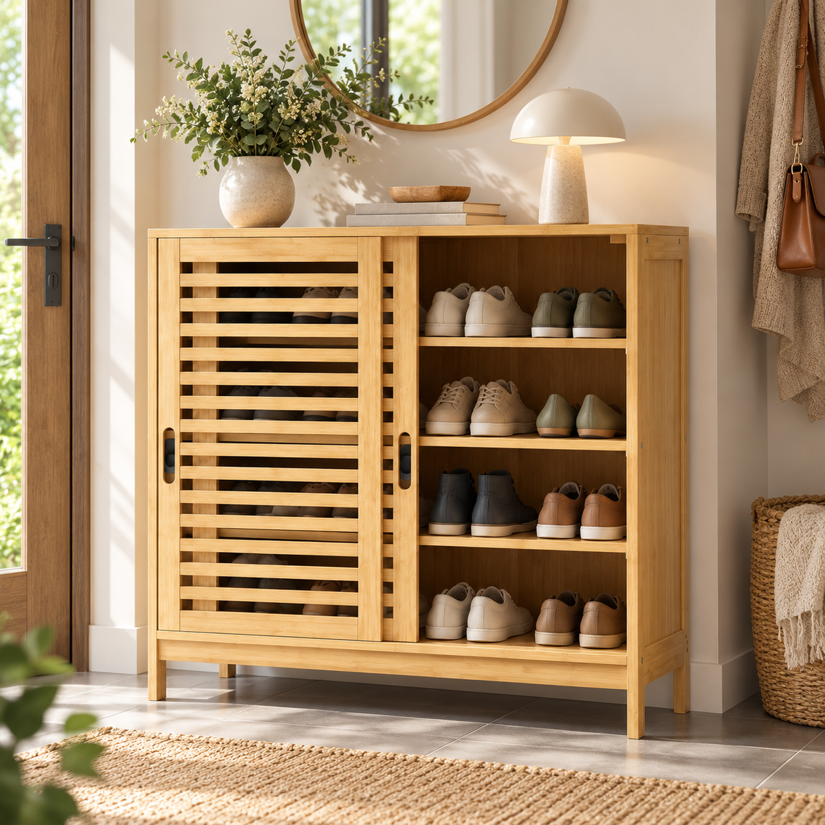 Bamboe Schoenenkast – 16 Paar Schoenen – 2 Schuifdeuren – 4 Niveaus – Verstelbare Planken – 80 x 35 x 80 cm – Naturel