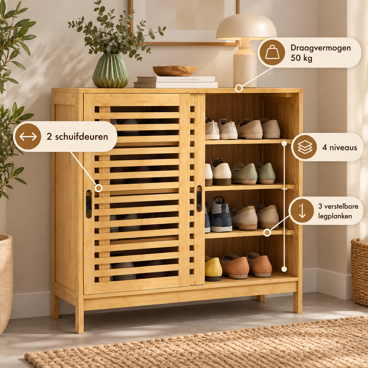 Bamboe Schoenenkast – 16 Paar Schoenen – 2 Schuifdeuren – 4 Niveaus – Verstelbare Planken – 80 x 35 x 80 cm – Naturel