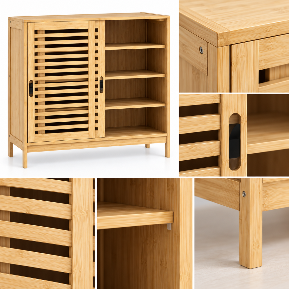 Bamboe Schoenenkast – 16 Paar Schoenen – 2 Schuifdeuren – 4 Niveaus – Verstelbare Planken – 80 x 35 x 80 cm – Naturel