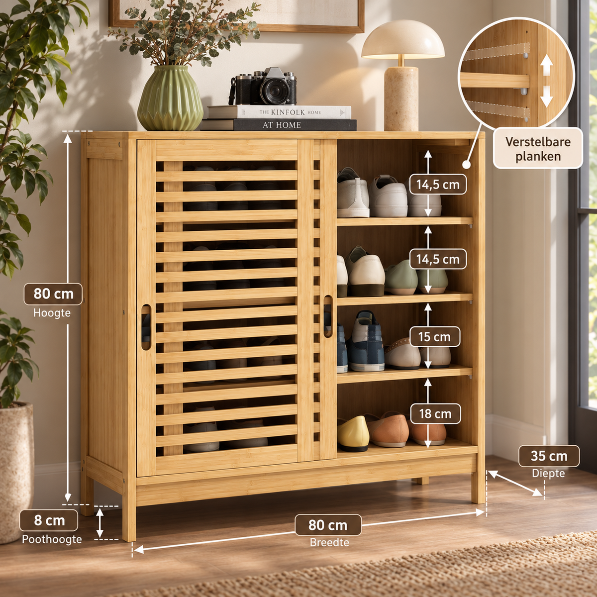 Bamboe Schoenenkast – 16 Paar Schoenen – 2 Schuifdeuren – 4 Niveaus – Verstelbare Planken – 80 x 35 x 80 cm – Naturel