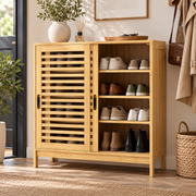 Bamboe Schoenenkast – 16 Paar Schoenen – 2 Schuifdeuren – 4 Niveaus – Verstelbare Planken – 80 x 35 x 80 cm – Naturel