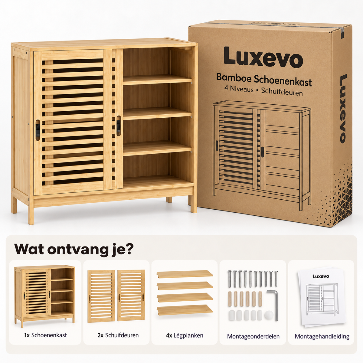 Bamboe Schoenenkast – 16 Paar Schoenen – 2 Schuifdeuren – 4 Niveaus – Verstelbare Planken – 80 x 35 x 80 cm – Naturel