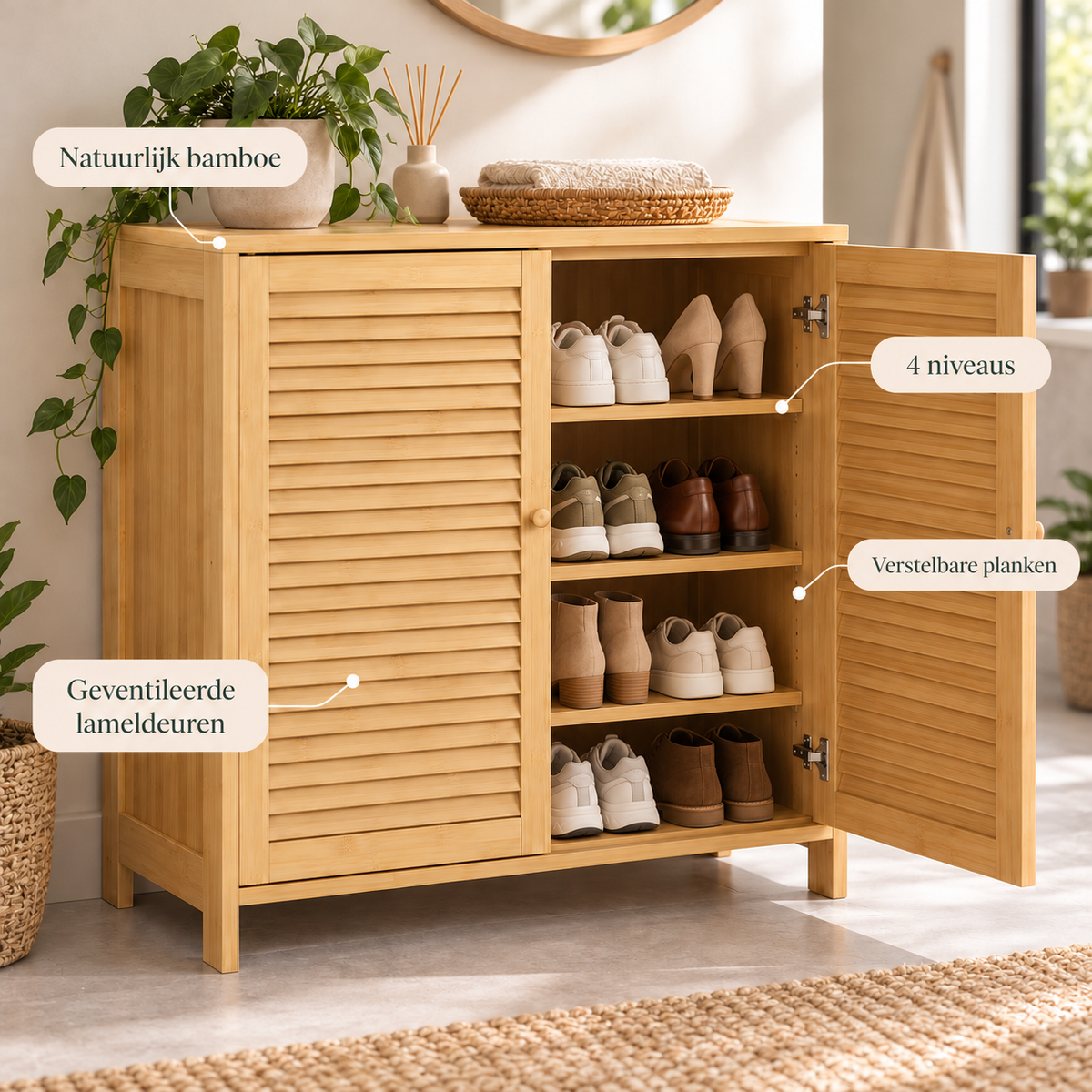 Bamboe Schoenenkast – 14 Paar – 80 x 35 x 80 cm – Verstelbare Planken – Naturel