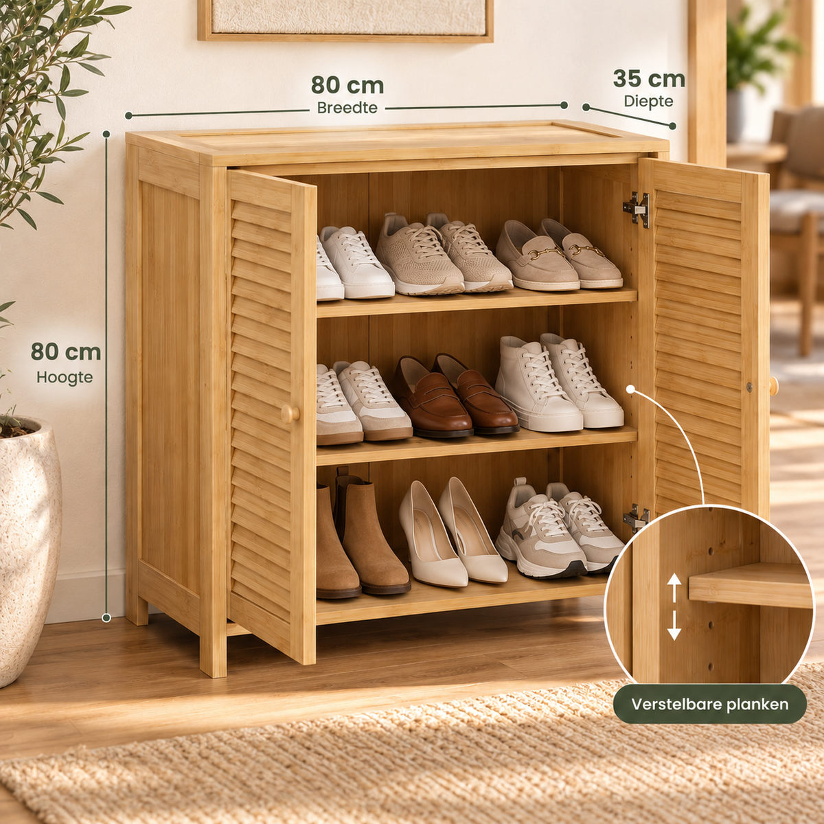 Bamboe Schoenenkast – 14 Paar – 80 x 35 x 80 cm – Verstelbare Planken – Naturel