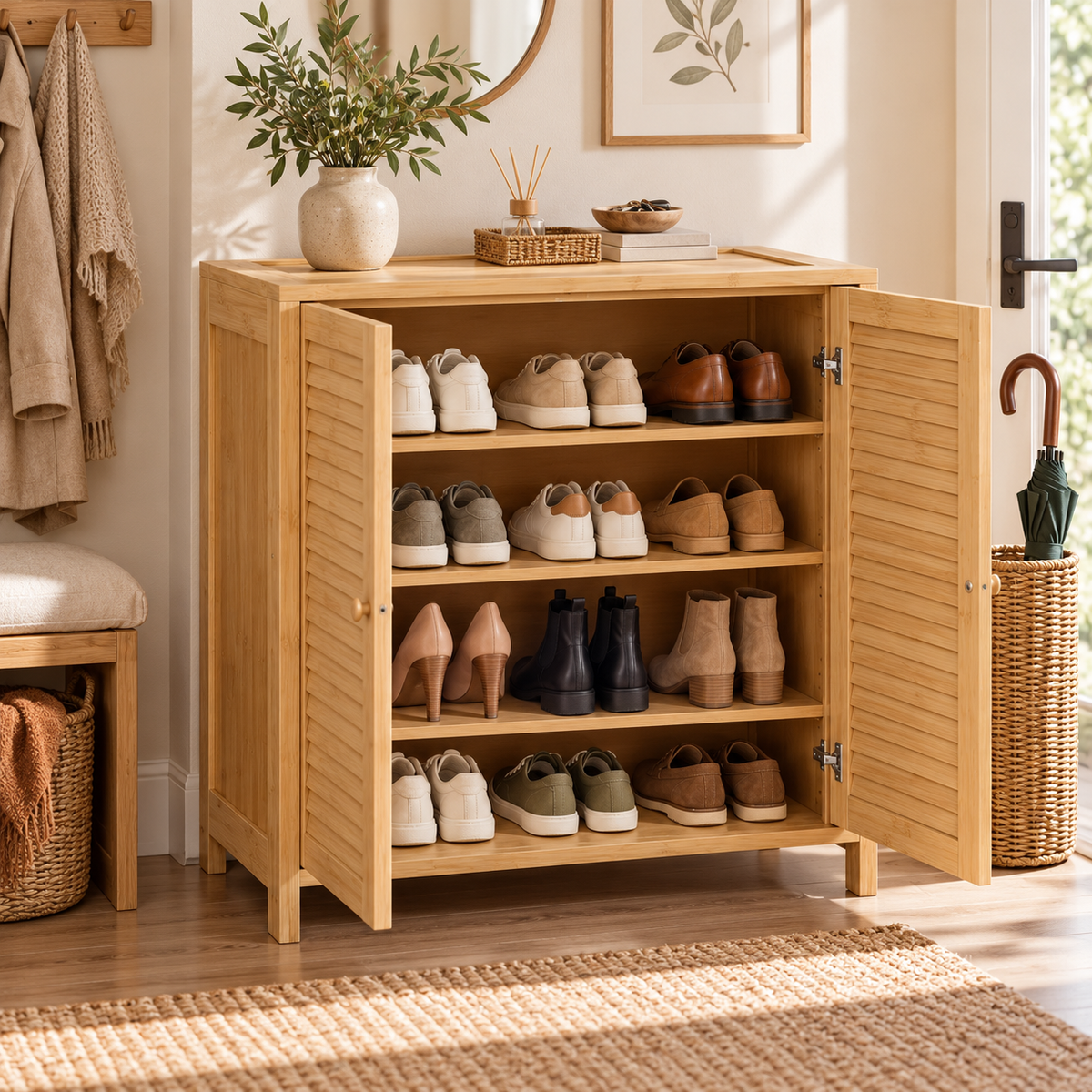Bamboe Schoenenkast – 14 Paar – 80 x 35 x 80 cm – Verstelbare Planken – Naturel