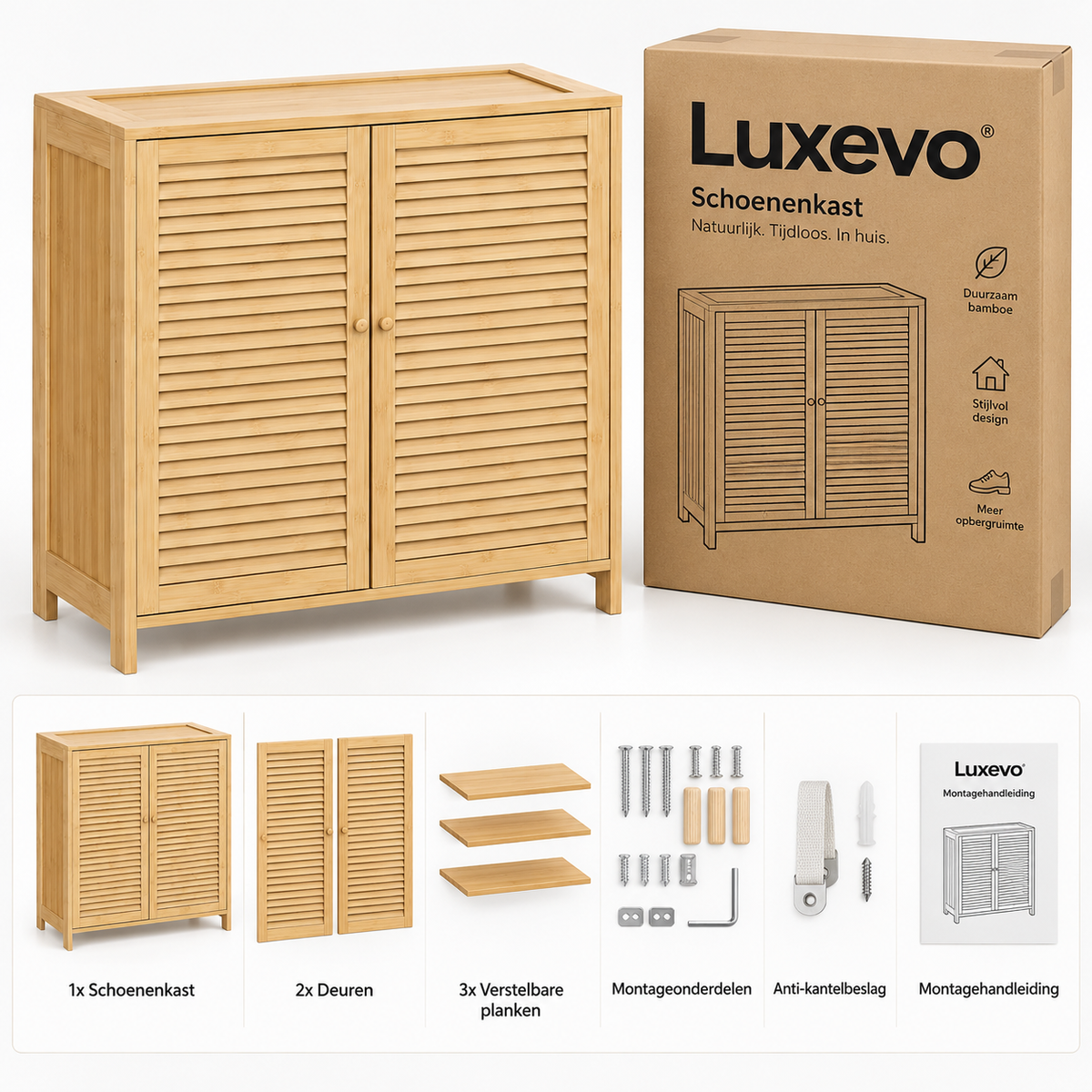 Bamboe Schoenenkast – 14 Paar – 80 x 35 x 80 cm – Verstelbare Planken – Naturel