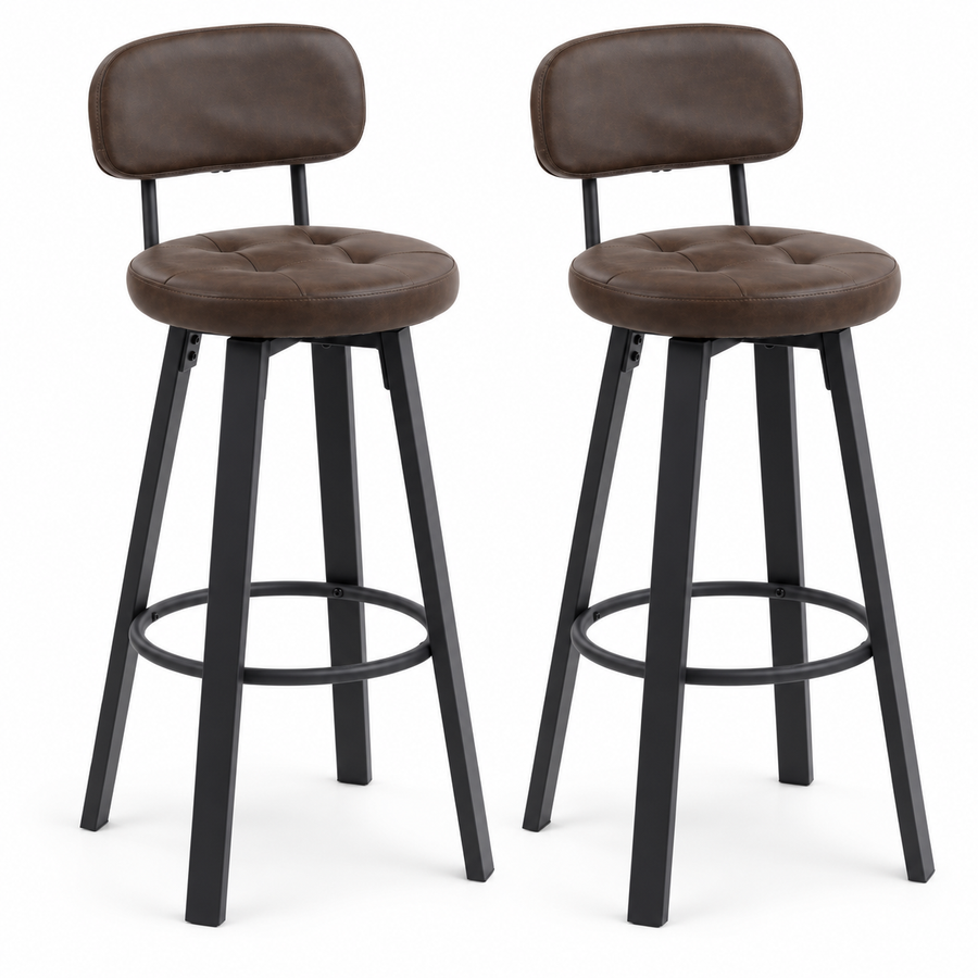Barkrukken Set van 2 – Kunstleer – 360° Draaibaar – Met Rugleuning & Voetsteun – Zithoogte 76,5 cm – Donkerbruin