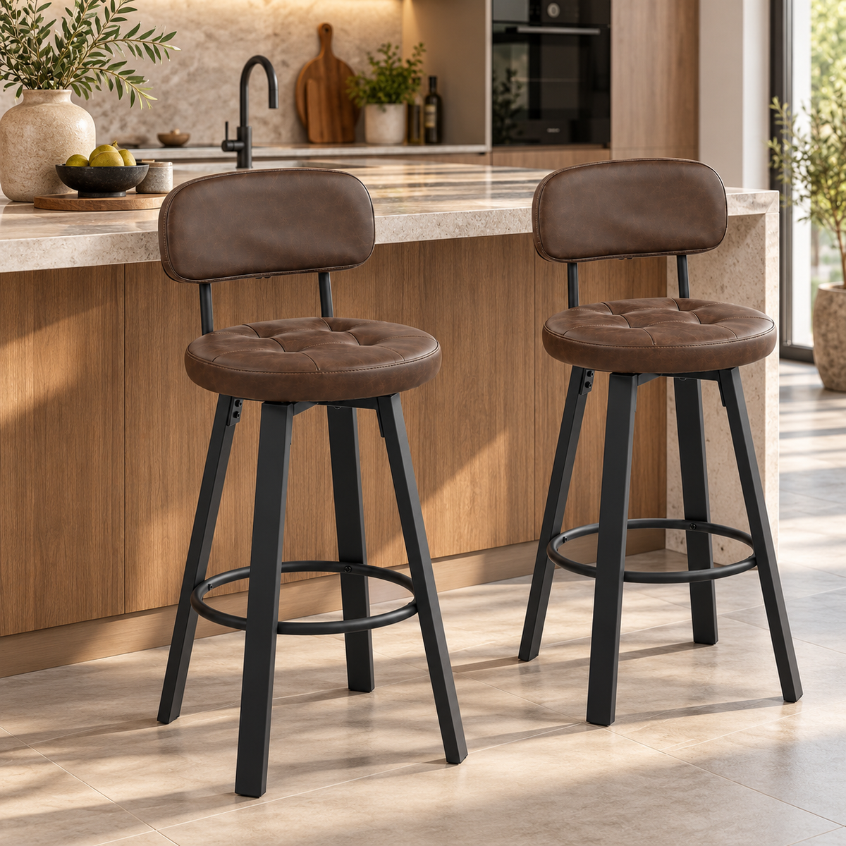 Barkrukken Set van 2 – Kunstleer – 360° Draaibaar – Met Rugleuning & Voetsteun – Zithoogte 76,5 cm – Donkerbruin