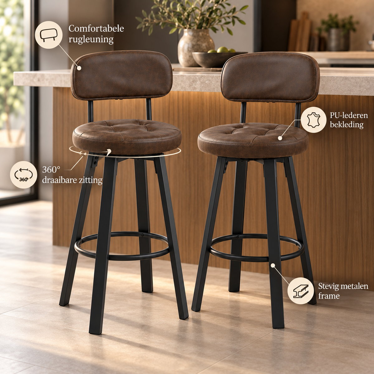 Barkrukken Set van 2 – Kunstleer – 360° Draaibaar – Met Rugleuning & Voetsteun – Zithoogte 76,5 cm – Donkerbruin
