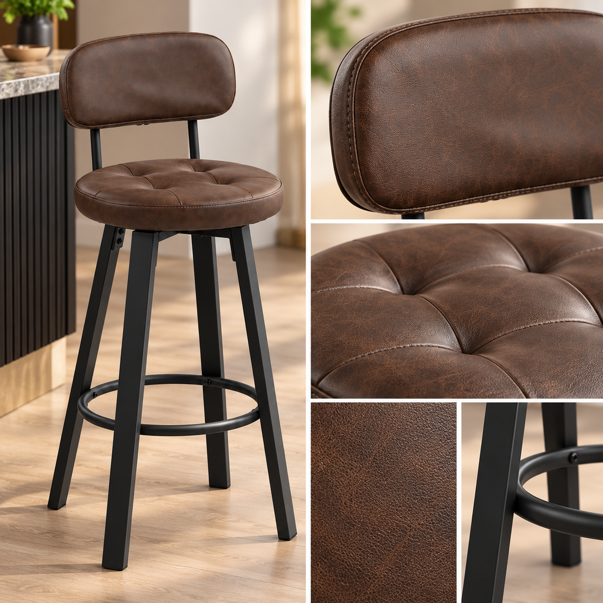 Barkrukken Set van 2 – Kunstleer – 360° Draaibaar – Met Rugleuning & Voetsteun – Zithoogte 76,5 cm – Donkerbruin