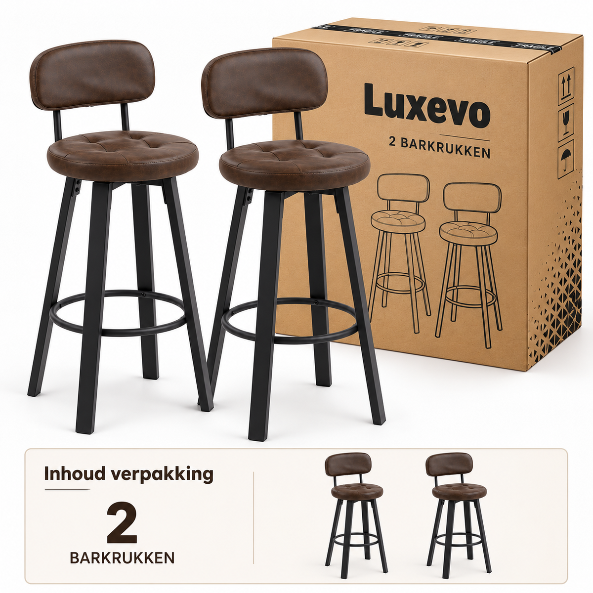 Barkrukken Set van 2 – Kunstleer – 360° Draaibaar – Met Rugleuning & Voetsteun – Zithoogte 76,5 cm – Donkerbruin