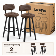 Barkrukken Set van 2 – Kunstleer – 360° Draaibaar – Met Rugleuning & Voetsteun – Zithoogte 76,5 cm – Donkerbruin