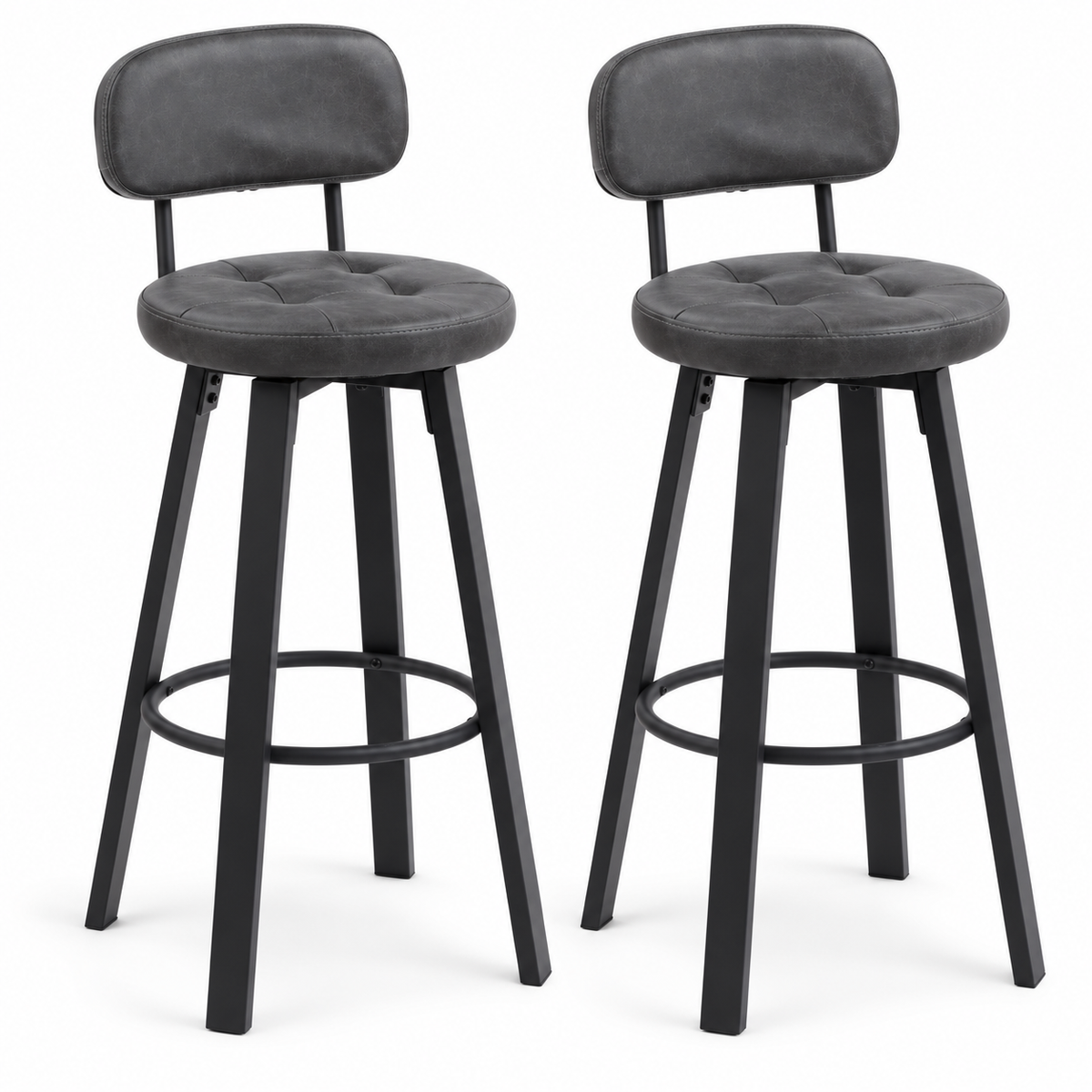 Barkrukken Set van 2 – Kunstleer – 360° Draaibaar – Met Rugleuning & Voetsteun – Zithoogte 76,5 cm – Donkergrijs