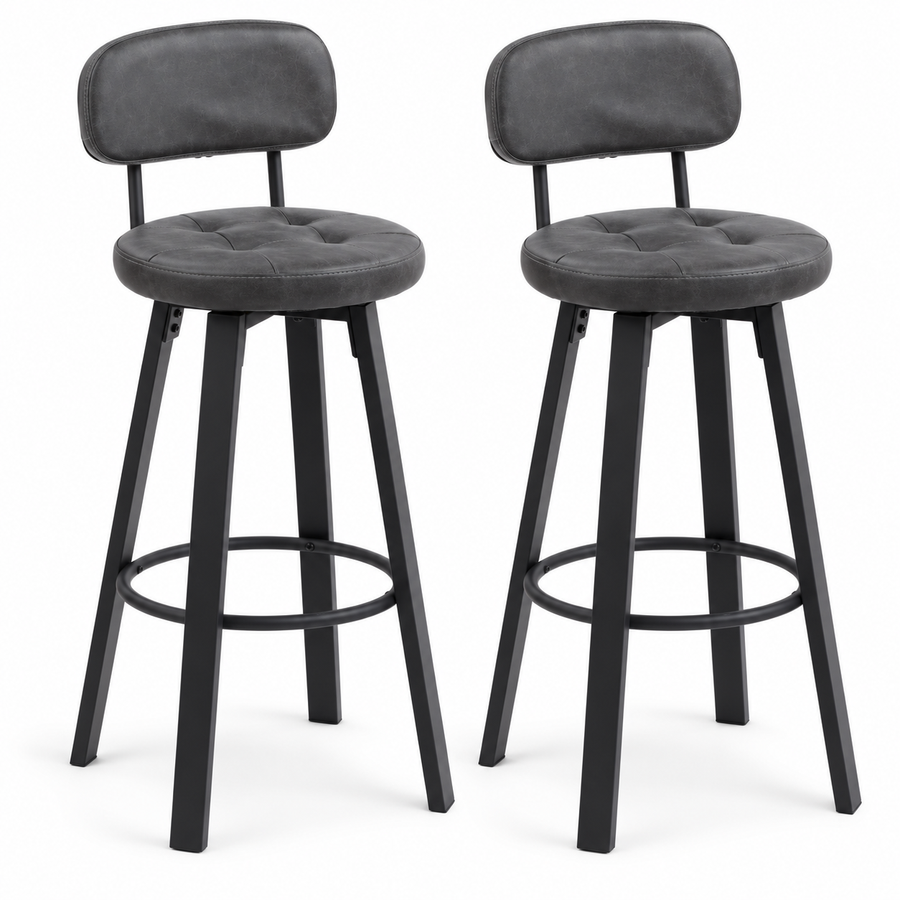 Barkrukken Set van 2 – Kunstleer – 360° Draaibaar – Met Rugleuning & Voetsteun – Zithoogte 76,5 cm – Donkergrijs