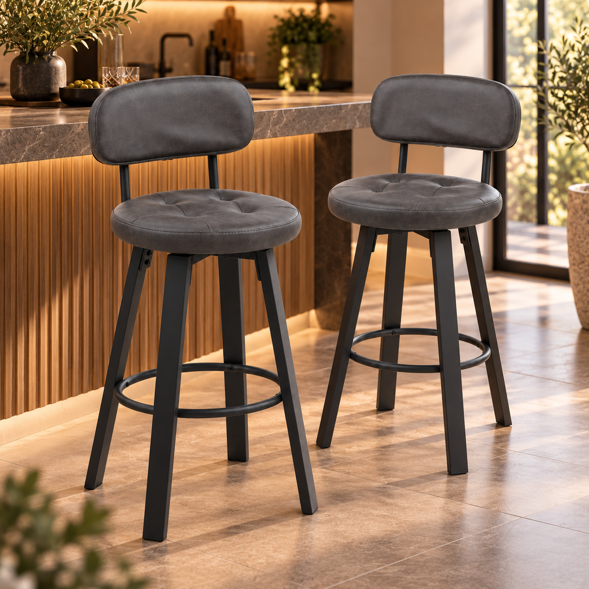 Barkrukken Set van 2 – Kunstleer – 360° Draaibaar – Met Rugleuning & Voetsteun – Zithoogte 76,5 cm – Donkergrijs