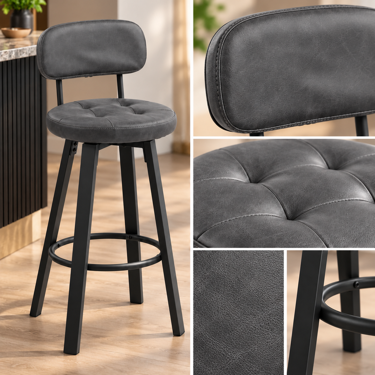 Barkrukken Set van 2 – Kunstleer – 360° Draaibaar – Met Rugleuning & Voetsteun – Zithoogte 76,5 cm – Donkergrijs