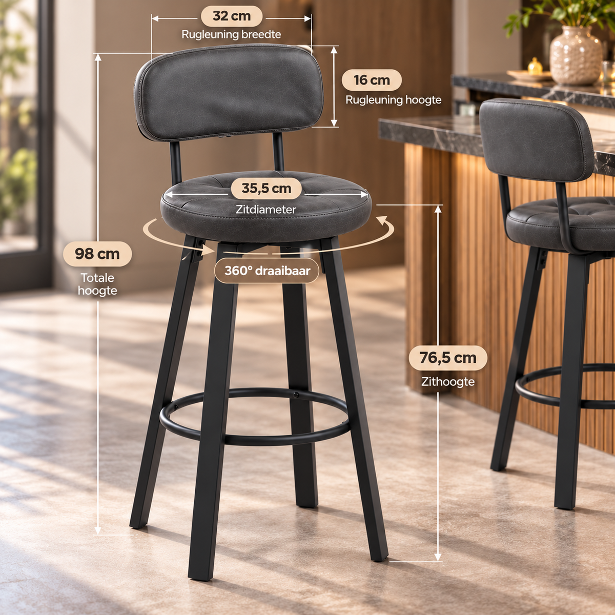 Barkrukken Set van 2 – Kunstleer – 360° Draaibaar – Met Rugleuning & Voetsteun – Zithoogte 76,5 cm – Donkergrijs