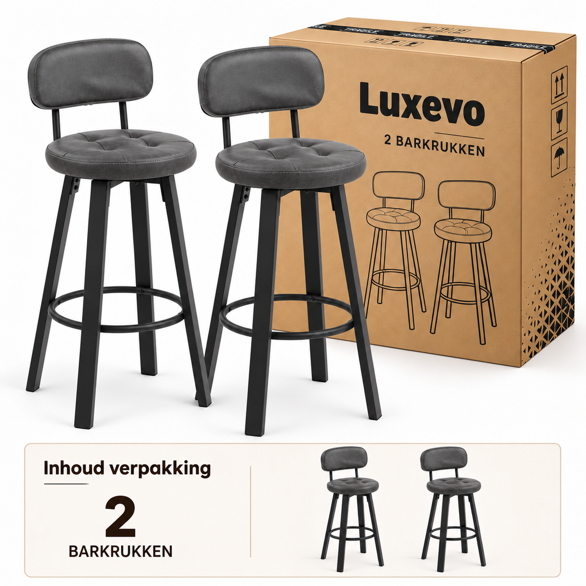 Barkrukken Set van 2 – Kunstleer – 360° Draaibaar – Met Rugleuning & Voetsteun – Zithoogte 76,5 cm – Donkergrijs