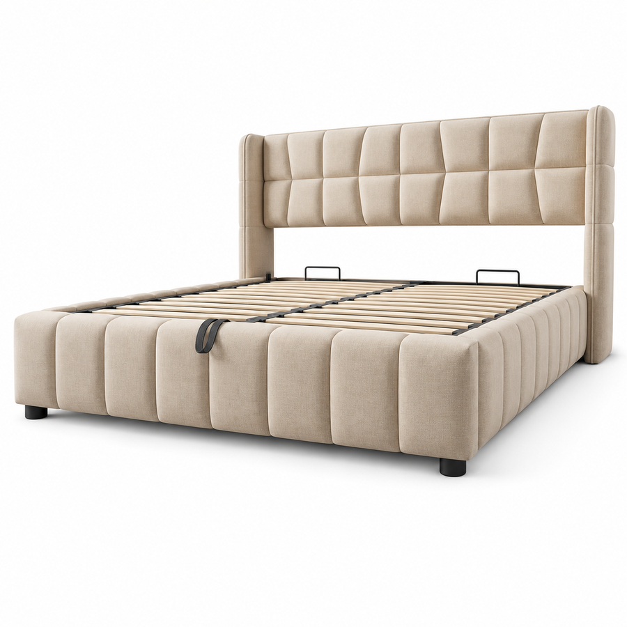Gestoffeerd Bed 180x200 cm met Opbergruimte – Tweepersoonsbed met Gasveer – Linnen Look – Lattenbodem – Beige – 213x188x101 cm