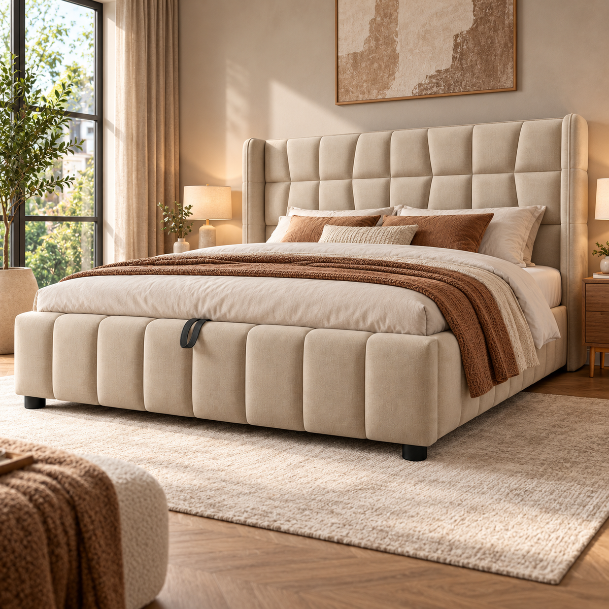 Gestoffeerd Bed 180x200 cm met Opbergruimte – Tweepersoonsbed met Gasveer – Linnen Look – Lattenbodem – Beige – 213x188x101 cm