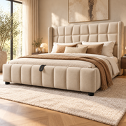 Gestoffeerd Bed 180x200 cm met Opbergruimte – Tweepersoonsbed met Gasveer – Linnen Look – Lattenbodem – Beige – 213x188x101 cm