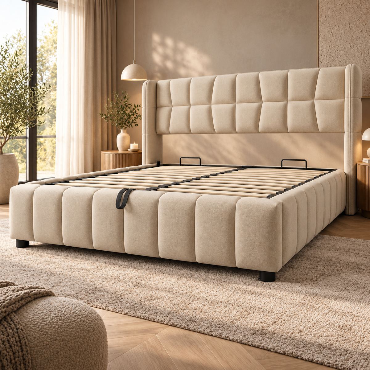 Gestoffeerd Bed 180x200 cm met Opbergruimte – Tweepersoonsbed met Gasveer – Linnen Look – Lattenbodem – Beige – 213x188x101 cm