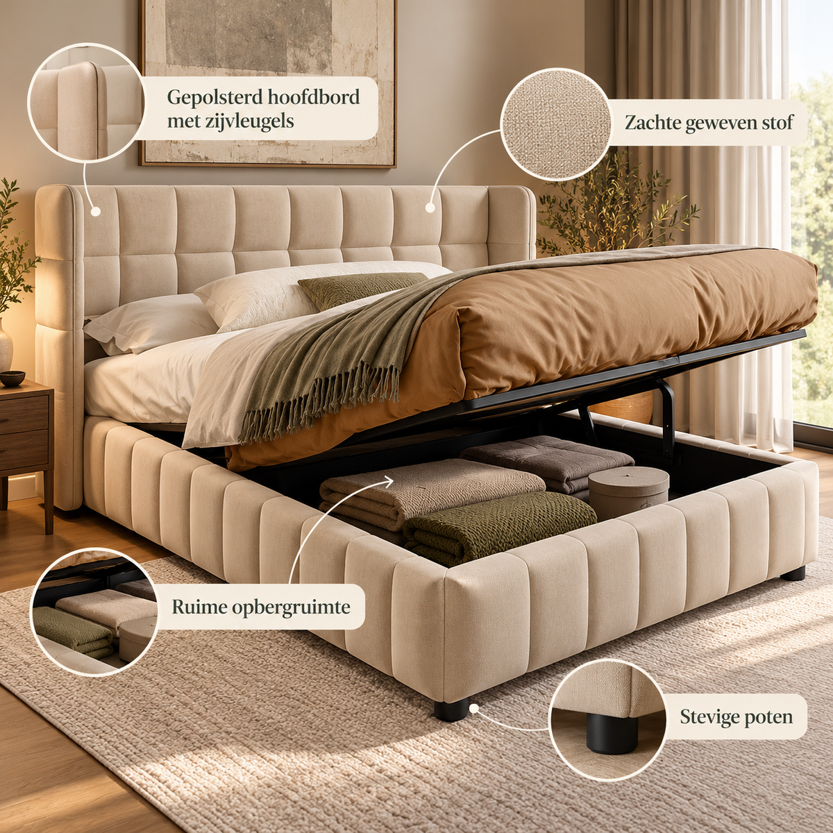 Gestoffeerd Bed 180x200 cm met Opbergruimte – Tweepersoonsbed met Gasveer – Linnen Look – Lattenbodem – Beige – 213x188x101 cm