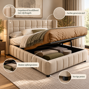 Gestoffeerd Bed 180x200 cm met Opbergruimte – Tweepersoonsbed met Gasveer – Linnen Look – Lattenbodem – Beige – 213x188x101 cm